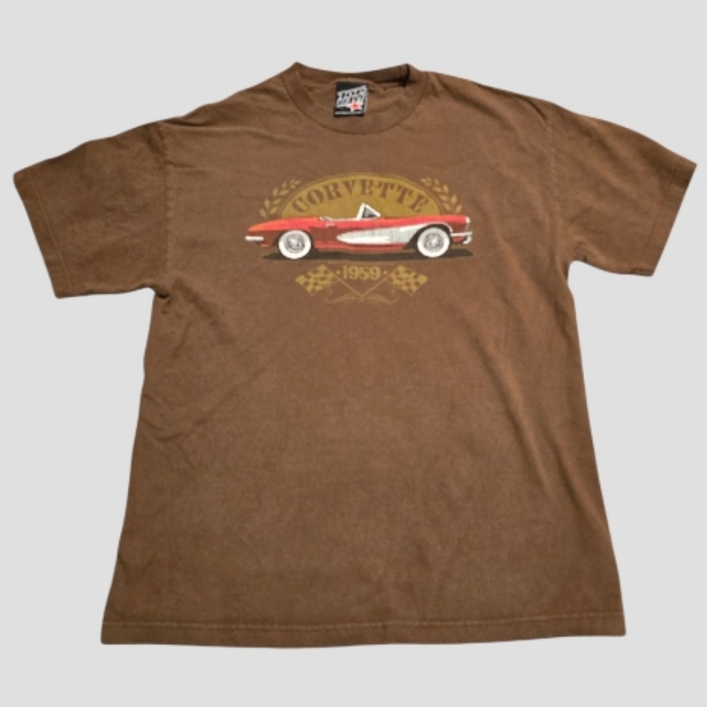 Vtg Y2k TOP HEAVY T-Shirt Men's Large Brown Corvette 1956 Graphic Casual Classic